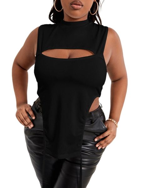 

sxy plus cut out front asymmetrical hem tank q293#, Black