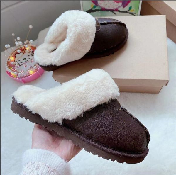 

women's flower leather slippers shoes women men children winter cotton boots, Black
