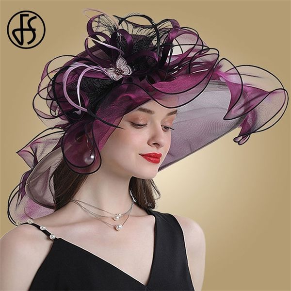 FS Fedora a tesa larga per le donne Organza cappelli da sole bianchi Flower Ladies Wedding Party Kentucky Wide Church Fedora 220813