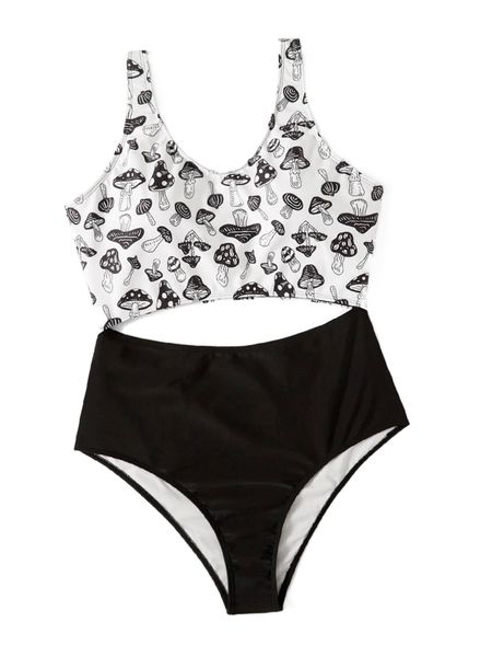 

plus mushroom print cut out one piece swimsuit q8en#, White;black