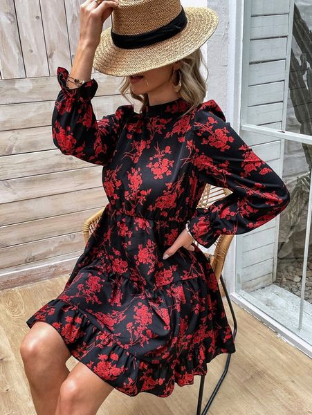 

floral print ruffle hem flounce sleeve dress 22oc#, Black;gray