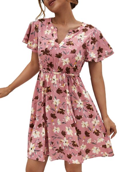 

notched neck floral print belted dress j51w#, Black;gray