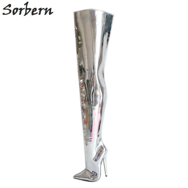 

sorbern metallic silver over the knee boots women dominatrix ladies high heels boots for dinner heeled boots women pointy toe, Black