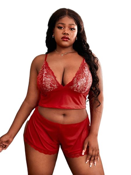 

plus contrast lace slit side lingerie set 51xo#, Black;white