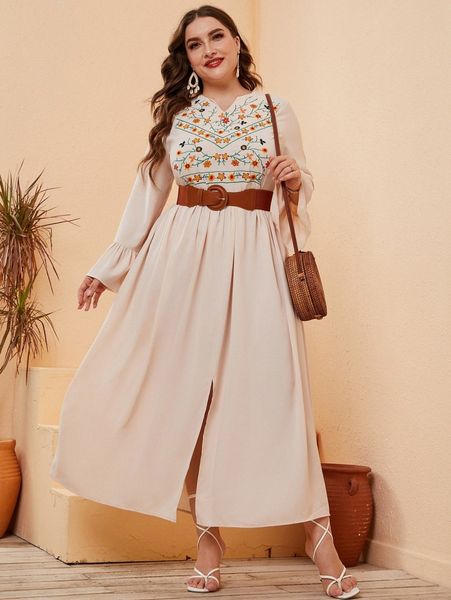 

plus floral embroidery flounce sleeve split hem dress without belt n60e#, Black