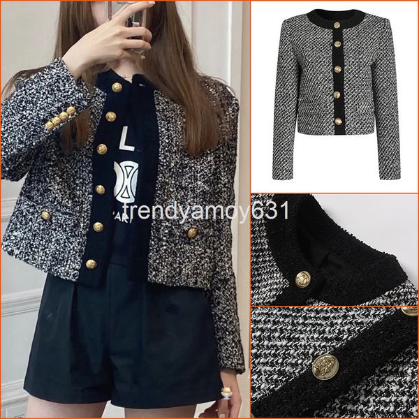 

women's jackets autumn and winter style small fragrance celebrity wind tweed woven coat round neck short long sleeved blouse women, Black;brown