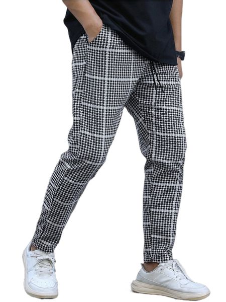 

men houndstooth drawstring waist pants d0um#, Black