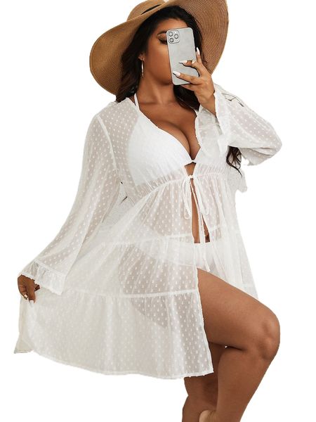 

plus polka dot tie front ruffle hem kimono s2ev#, Black;gray