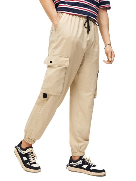 

men flap pocket side drawstring waist cargo pants j5dv#, Black