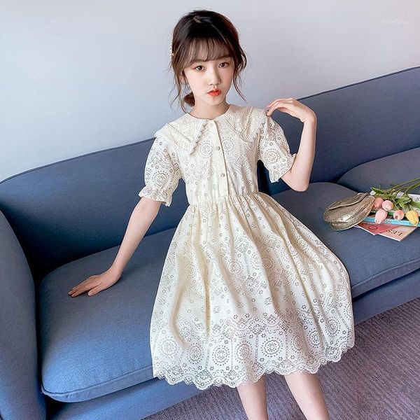 Mädchen Kleider 2022 Mädchen Blumen Spitze Prinzessin Kleid Hochzeit Weißes Kleid Mädchen Drehen Unten Kragen Koreanische Kleidung Für Kinder Party tragen Kostüm