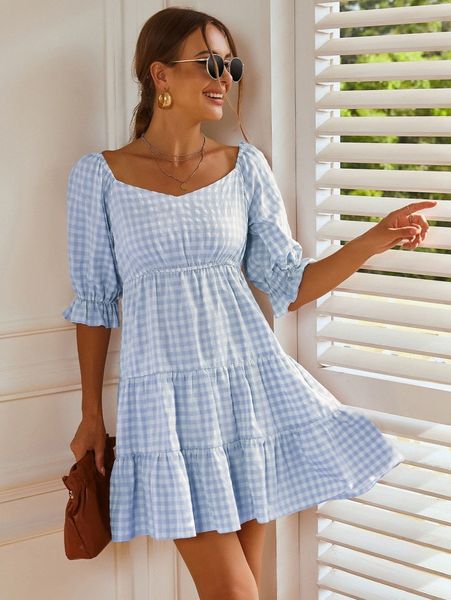 

sweetheart neck gingham print dress 19oi#, Black;gray