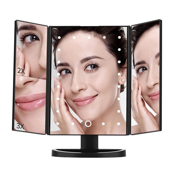 22 Светодиодное световое зеркало макияж 1x/2/x3x увеличительное косметическое 3 складное тщеславие 180 вращание прикосновение к прикосновению. ТАБЛИЦА 220509