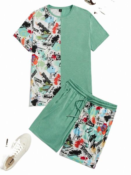 

men graffiti print tee & drawstring waist shorts e3xt#, Gray
