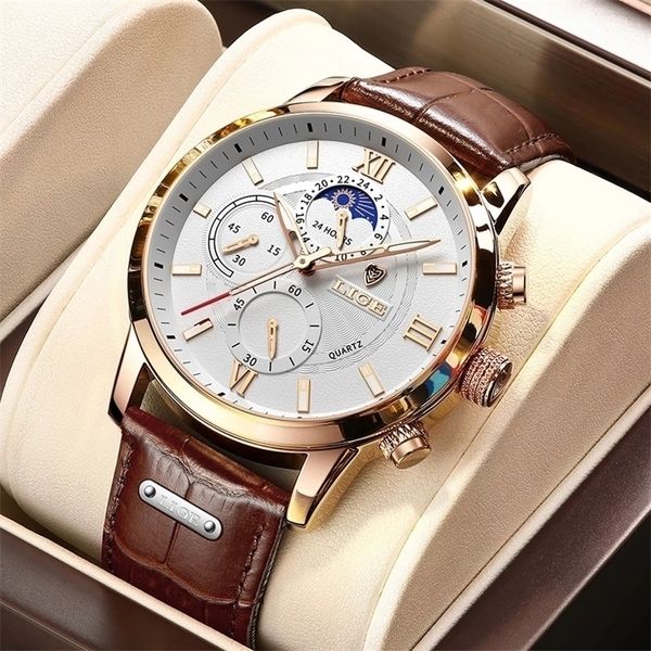 

lige watches mens brand luxury clock casual leathe 24 hour moon phase men watch sport waterproof quartz chronographbox 220530, Slivery;brown