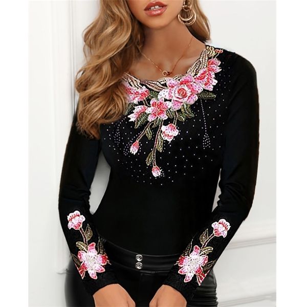 

elegant blouse for women flower print mesh long sleeve black o-neck patchwork ladies lace decor tee spring summer 220407, White