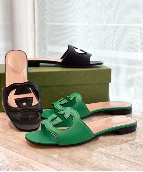 

luxury beloved cut-out metallic leather sandals shoes women's interlocking house slide flats leather beach casual ladies slippers size3, Black