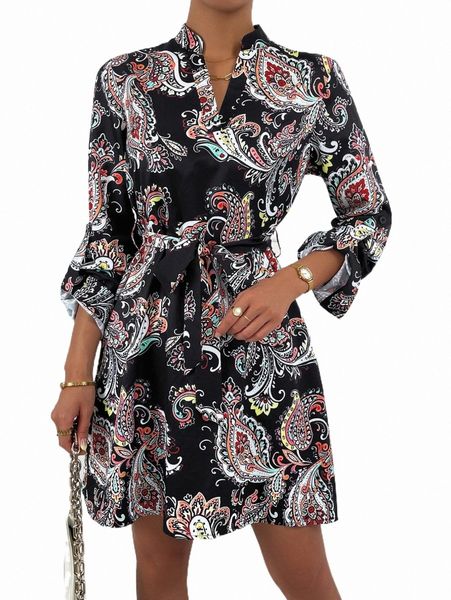 

paisley print belted dress s1lj#, Black;gray