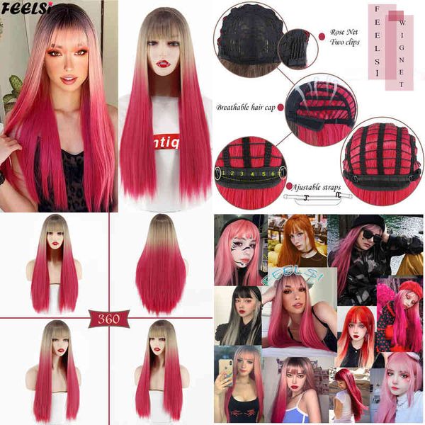 

synthetic hair long straight wig with bangs ombre christmas red orange black pink 26inch halloween cosplay for women 220622