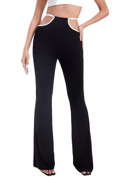 

cut out waist contrast binding flare leg pants c2g6#, Black;white