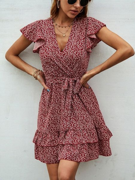 

ditsy floral print surplice front layered hem belted dress u9wv#, Black;gray