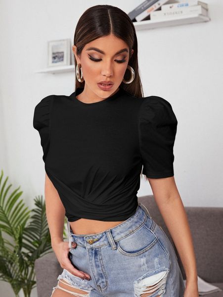 

puff sleeve cross wrap crop b0fn#, White