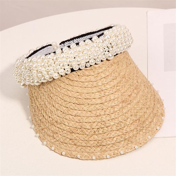 

2019 brand pearl bead headband hat women raffia straw visor caps for girls beach hats fashion cap ladies summer straw sun hat266k, Blue;gray