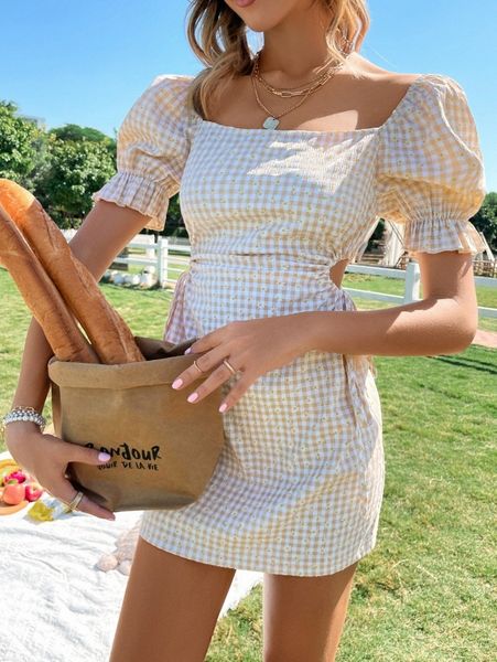 

scoop neck cutout side gingham print dress 87tm#, Black;gray