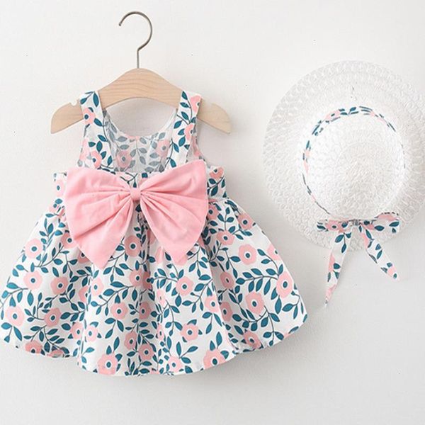 

2pcs baby girls breathable cotton summer casual clothing set sleeveless floral dress hat for children girl 6month-3year, White