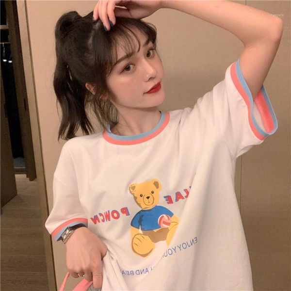 T-shirt feminina Hong Kong Manga curta feminina 2022 verão coreano estudante bf de urso solto impressão meio top