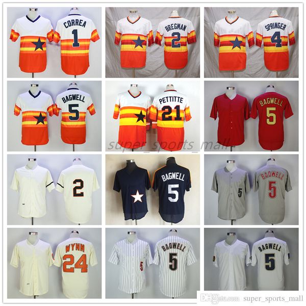 

vintage college baseball wears jersey 5 jeff bagwell 1 carlos correa 2 alex bregman 4 george springer 21 andy pettitte 24 jimmy wynn 1980 20, Blue;black