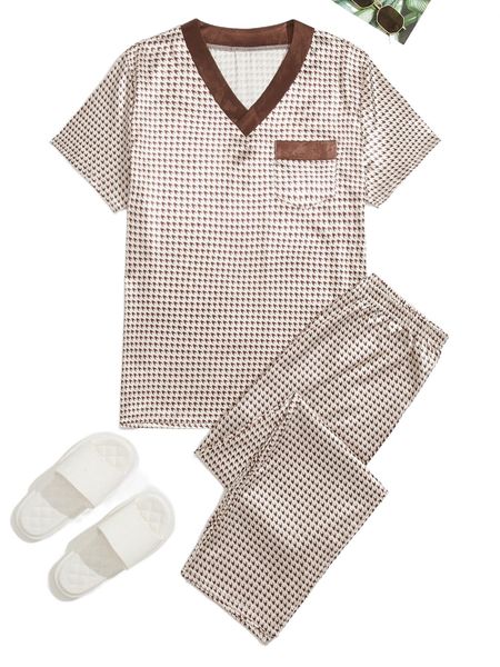 

men houndstooth contrast trim satin pj set w74b#, Black;brown