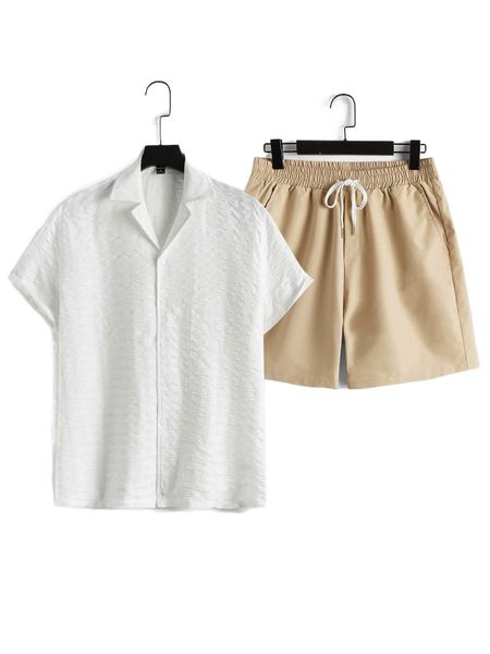 

men solid shirt & drawstring waist shorts v4rd#, Gray
