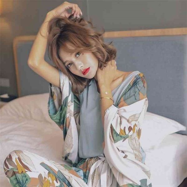 

autumn ladies pajama set cotton satin 4piece cardigan vest pants shorts floral print elegant pajamas homewear women 210325, Black;red