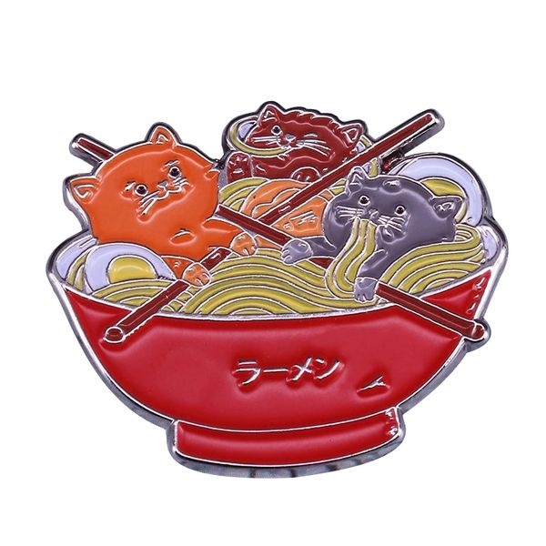 

ramen and cats pin brooch it depicts a trio of kitties happily slurping ramen from inside the bowl. life hack, Blue