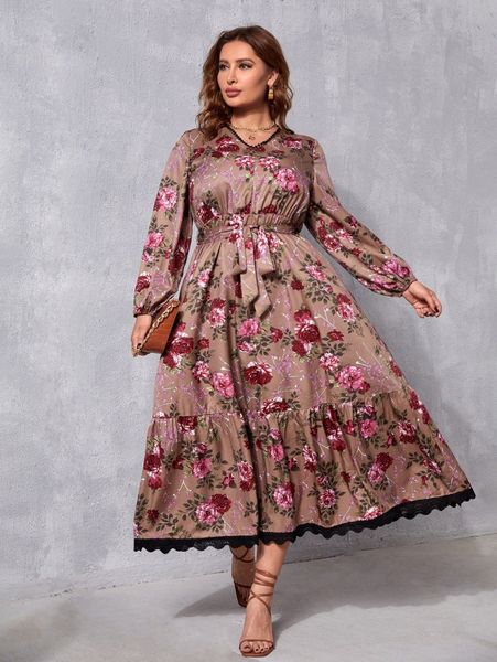 

floral print ruffle hem belted dress n50j#, Black