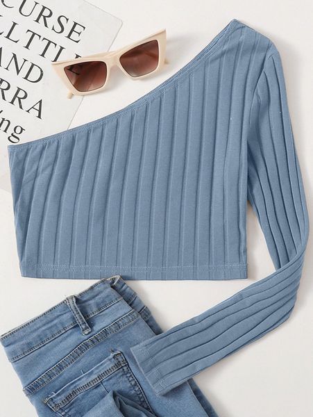 

one shoulder rib-knit crop c4ok#, White