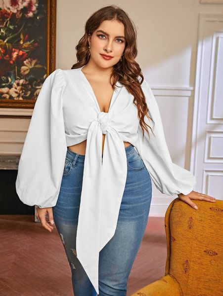 

plus lantern sleeve tie front crop o2we#, Black