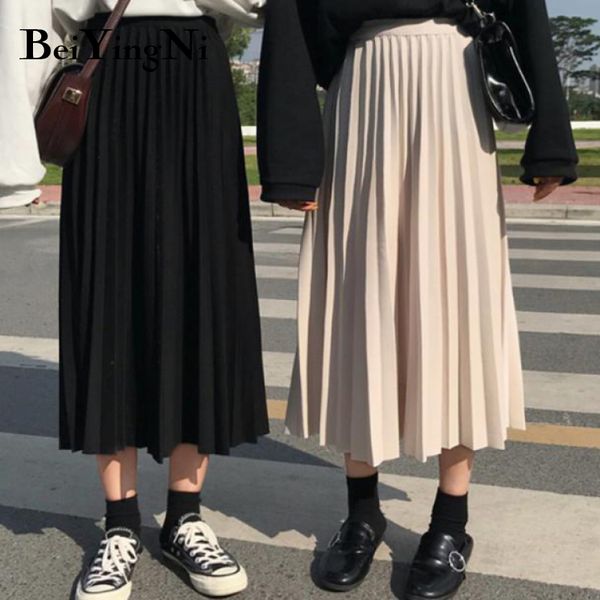 

women pleated high waist skirt vintage casual spring summer midi skirts female autumn korean saia mujer faldas bottoms 210427, Black
