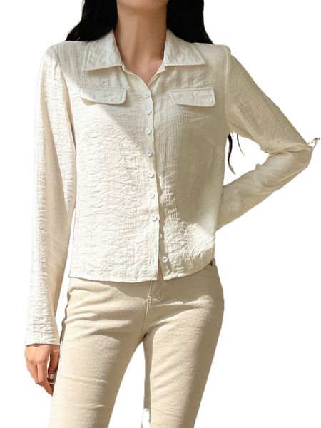 

dazy flap detail b.utton up plisse b.louse d47j#, White