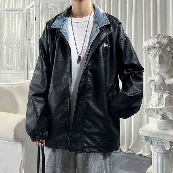 

yasuguoji fashion fake two piece black leather jacket men 2022 loose moto biker denim coats for men loose pu faux leather coats t220728