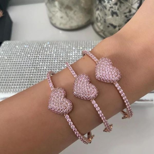 Charm Bilezikler Sevgililer Günü Buzlu Bling Cz Kalp Bileklik Gül Gid Pembe Büyük Bilezik Kadınlar Moda Hediyesi Jewelrycharm Braceletscharm