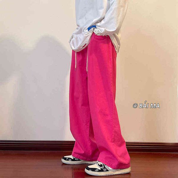 

2022 men's four color baggy homme casual pants cargo pocket elastic waist pink color jeans loose trousers s-2xl t220726, Blue