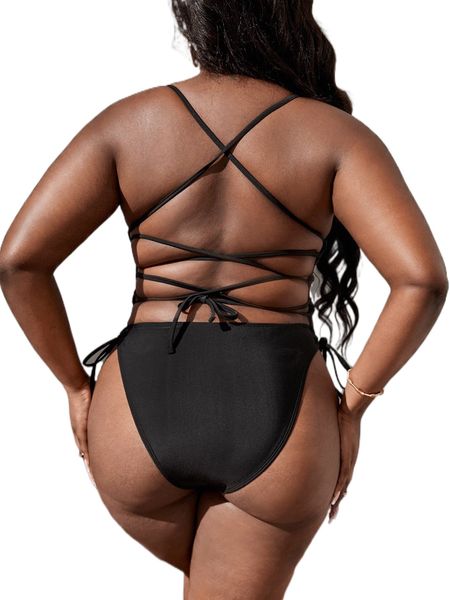 

plus lace up backless tie side one piece swimsuit 44dy#, White;black