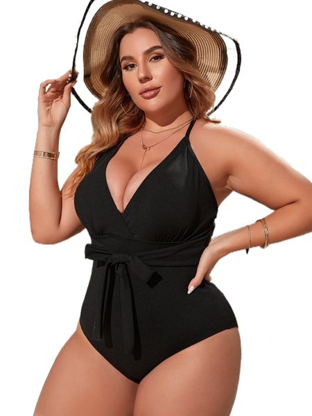 

plus plain knot front rib one piece swimsuit y3dq#, White;black