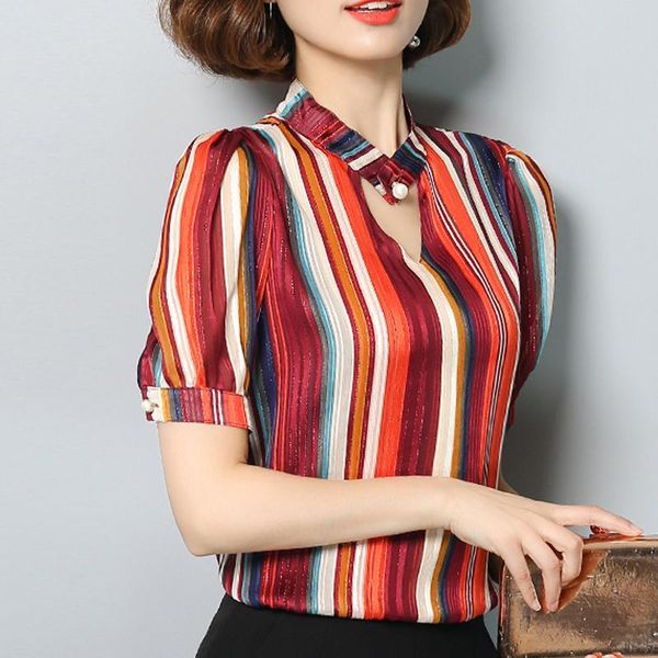 

women's blouses & shirts styles women puff sleeves blouse 2022 summer stand neck hollow out striped shirt office lady vintage pull, White