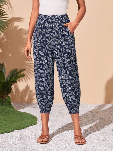 

emery rose paisley print slant pocket carrot pants j651#, Black;white