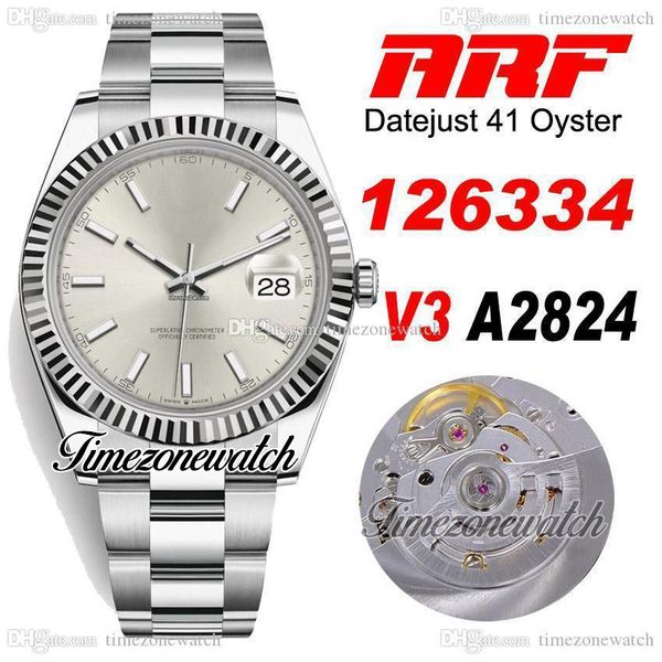

arf v3 41 126334 eta a2824 automatic mens watch fluted bezel silver stick dial 904l oystersteel bracelet with warranty card super edition ti, Slivery;brown