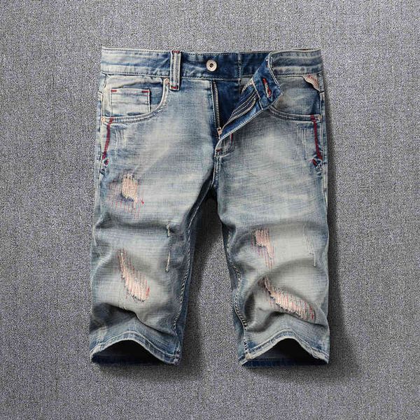 

men's jeans denim shorts men's summer style worn out and perforated denim fashion embroidery patch slim fit j20p, Blue