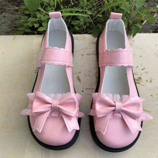 

dress shoes 2022 spring women lolita kawaii japanese style lace patchwork bow hook loop mary janes girls students solid footwear 220516, Black