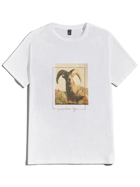 

men goat & slogan graphic tee e2iq#, White;black